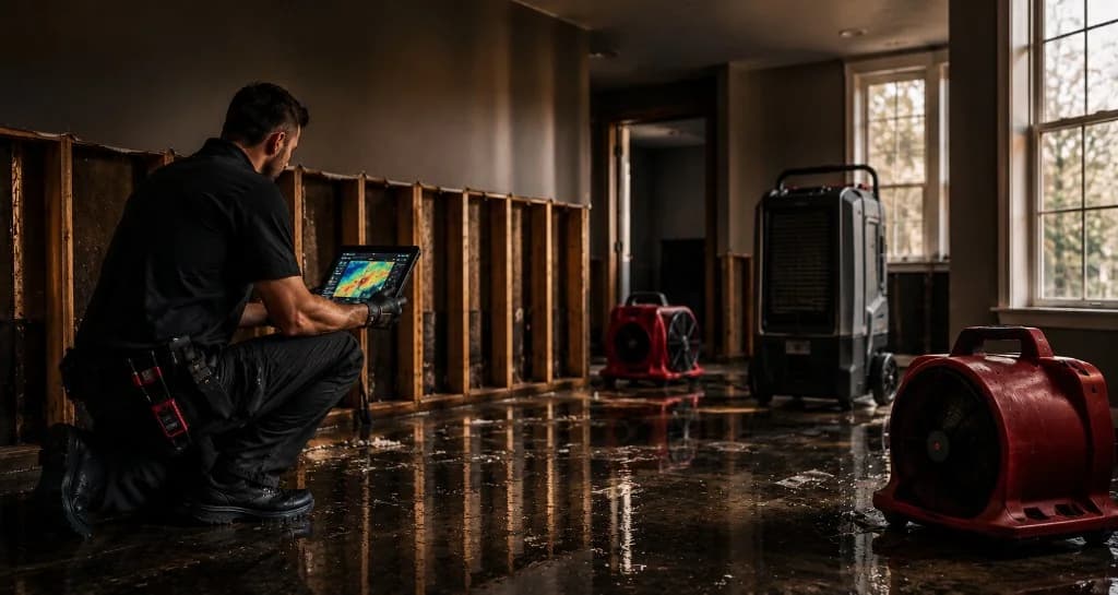 Restoration contractor documenting moisture readings and mitigation equipment at a water-damaged property