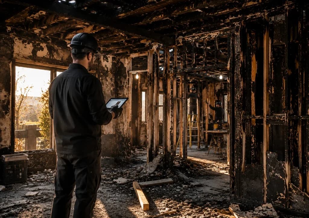 Restoration contractor documenting fire and smoke damage in a structural rebuild environment