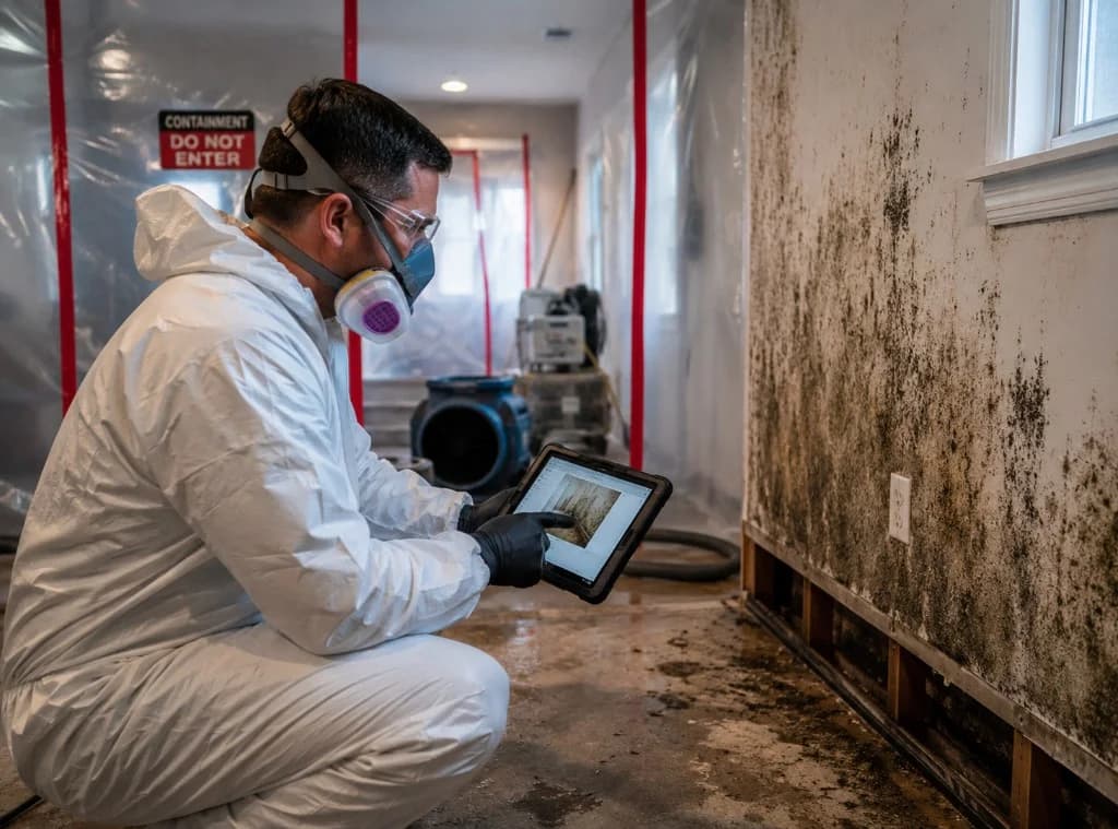 Restoration contractor documenting mold remediation containment and protocol-driven scope at a loss site