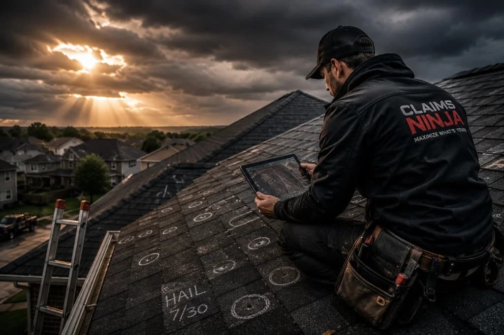 Roofing contractor documenting storm damage on a steep-slope residential roof